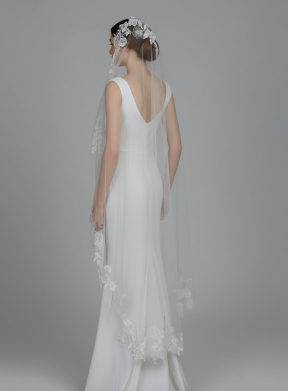 Mantilla Floral Vine Embroidered Veil Rhinestones Waltz Length