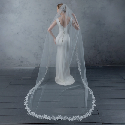 Floral Vine Embroidered Bridal Veil with Rhinestones Cathedral Length
