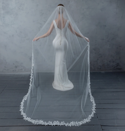 Floral Vine Embroidered Bridal Veil with Rhinestones Cathedral Length