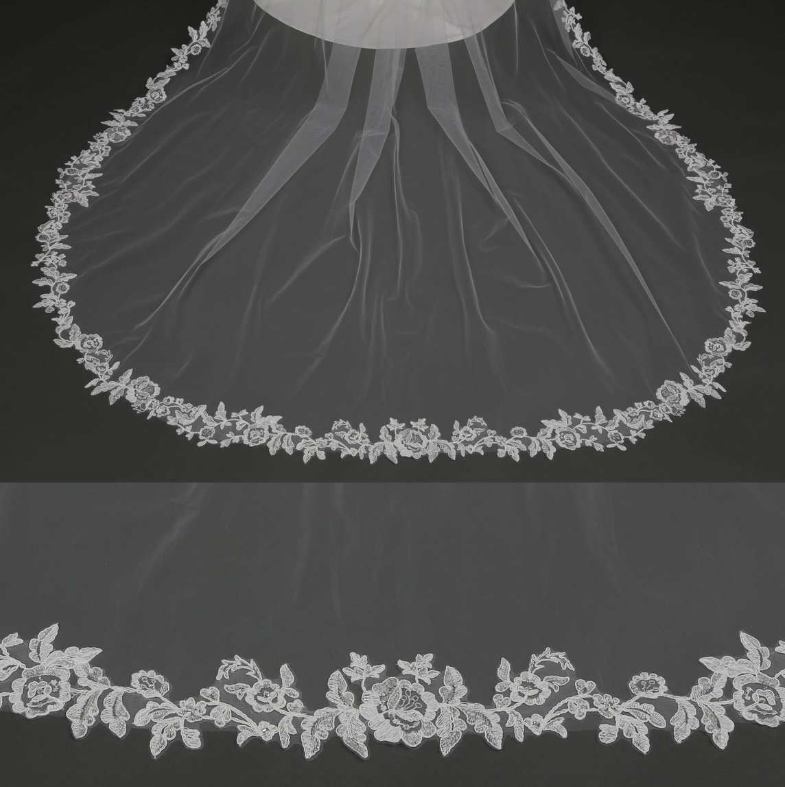 Floral Vine Embroidered Bridal Veil with Rhinestones Cathedral Length