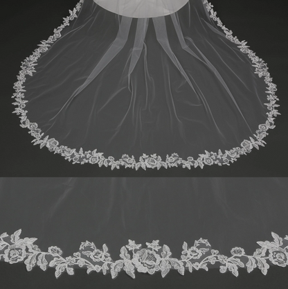 Floral Vine Embroidered Bridal Veil with Rhinestones Cathedral Length
