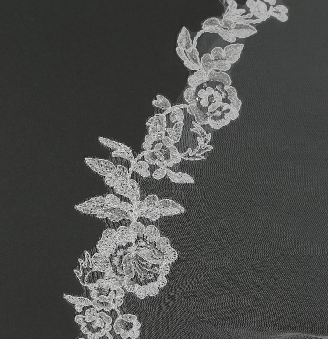 Floral Vine Embroidered Bridal Veil with Rhinestones Cathedral Length