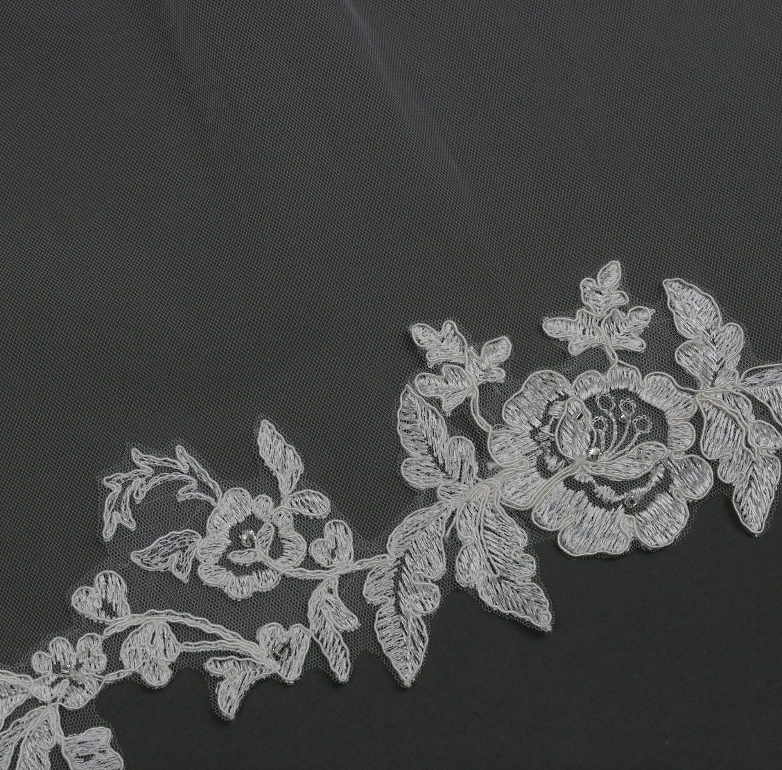 Floral Vine Embroidered Bridal Veil with Rhinestones Cathedral Length
