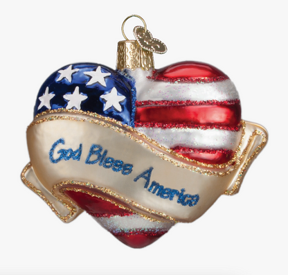 God Bless America Heart Blown Glass Ornament