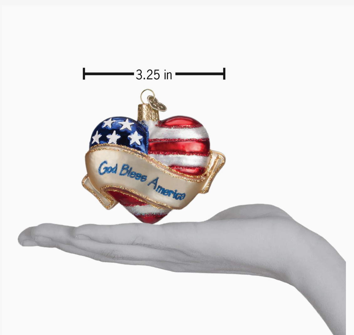 God Bless America Heart Blown Glass Ornament