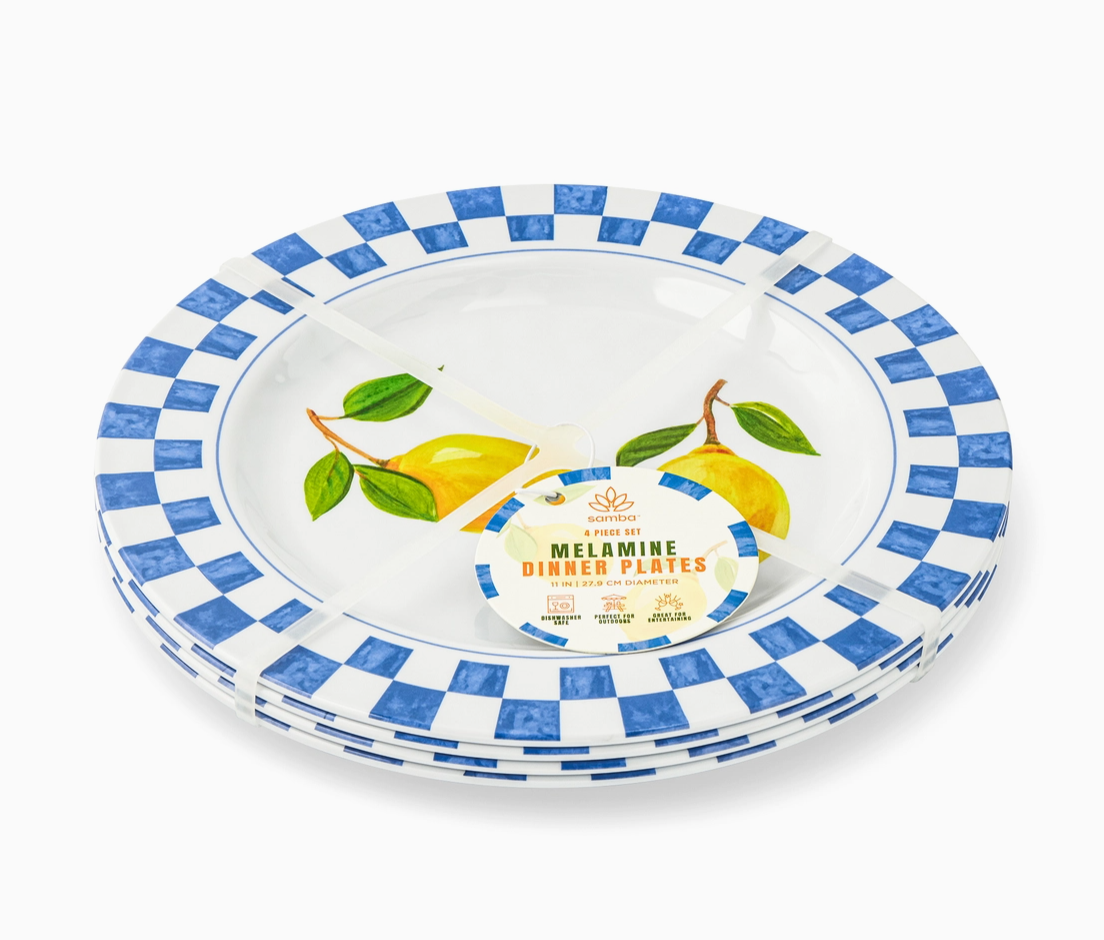 4pk 11" Melamine Dinner Plates - Lemon Check