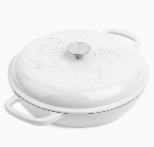 4qt Cast Iron Debossed Shallow Casserole - White - NY Gift Boutique