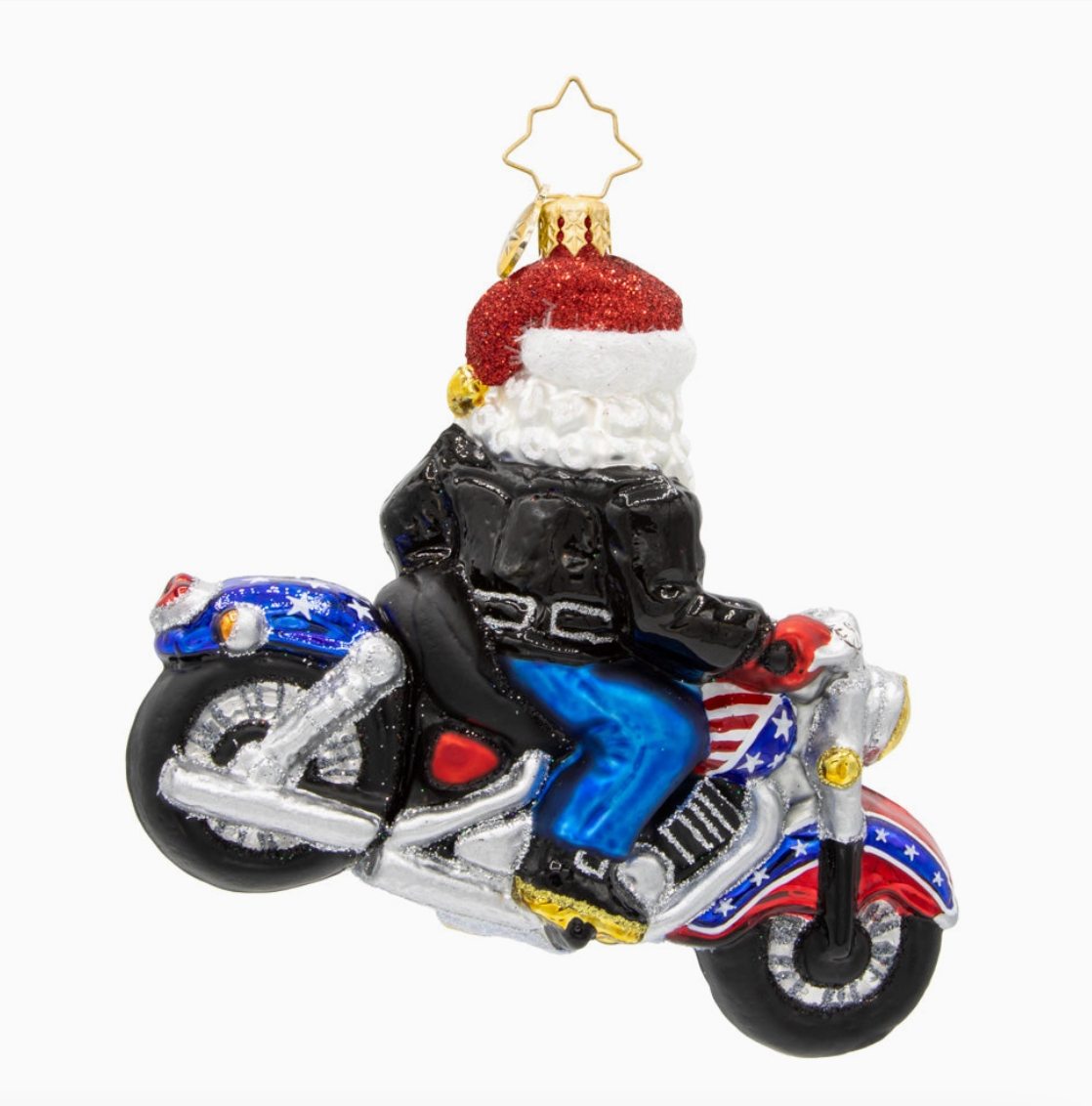Christopher Radko Cruisin Claus motorcycle Christmas ornament reverse view