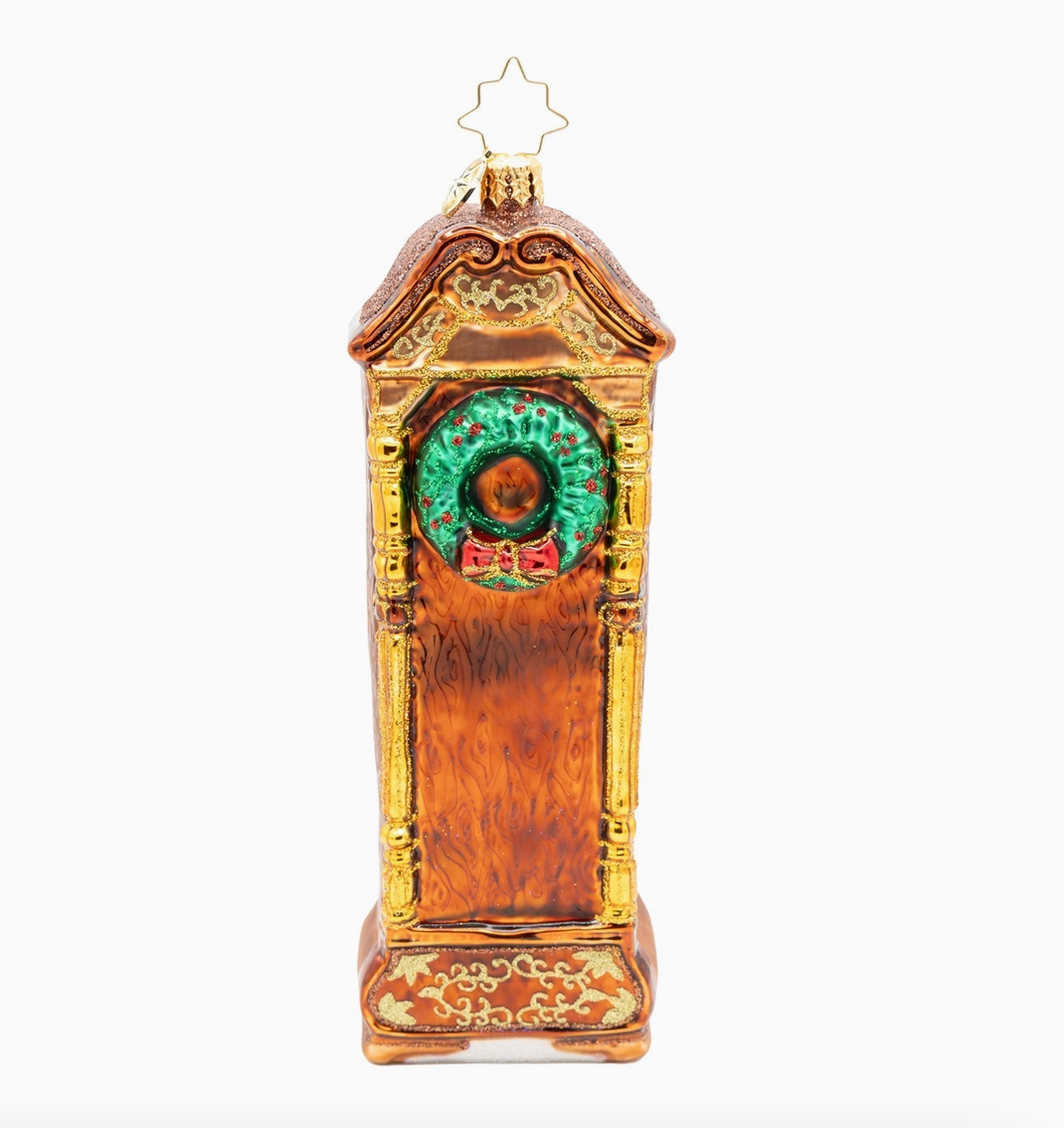 Back of Christopher Radko Sleighbells Past Midnight glass ornament with wood-look finish and Christmas wreath
