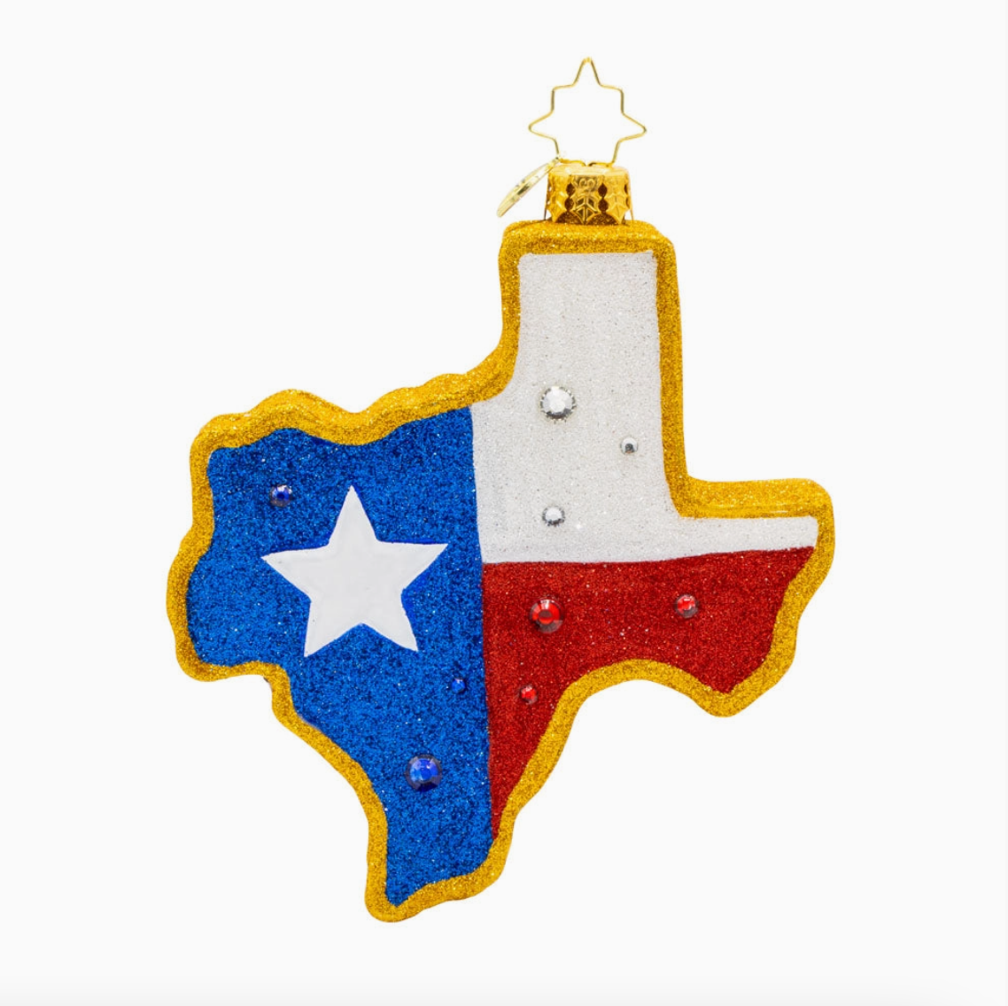 Christopher Radko Lone Star Pride Texas-shaped glass ornament with glittered Texas flag design