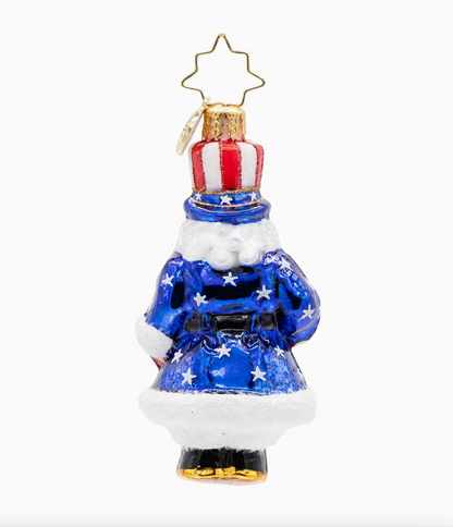 Back of Christopher Radko All-American Santa Gem glass ornament with blue star-spangled Santa coat