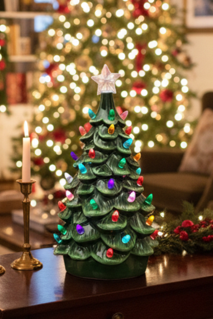 14" Lighted Green Ceramic Christmas Tree with Multicolored Bulbs