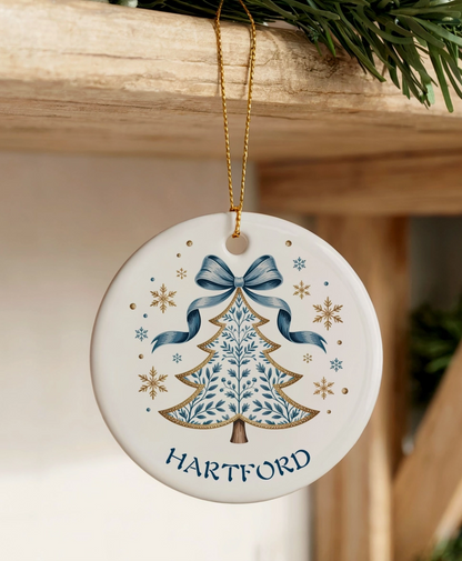 Coquette Bow Personalized Hometown Christmas Ornament