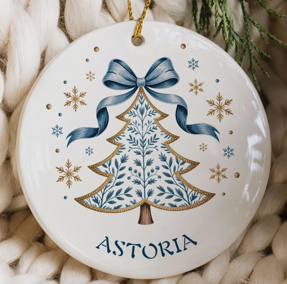 Coquette Bow Personalized Hometown Christmas Ornament