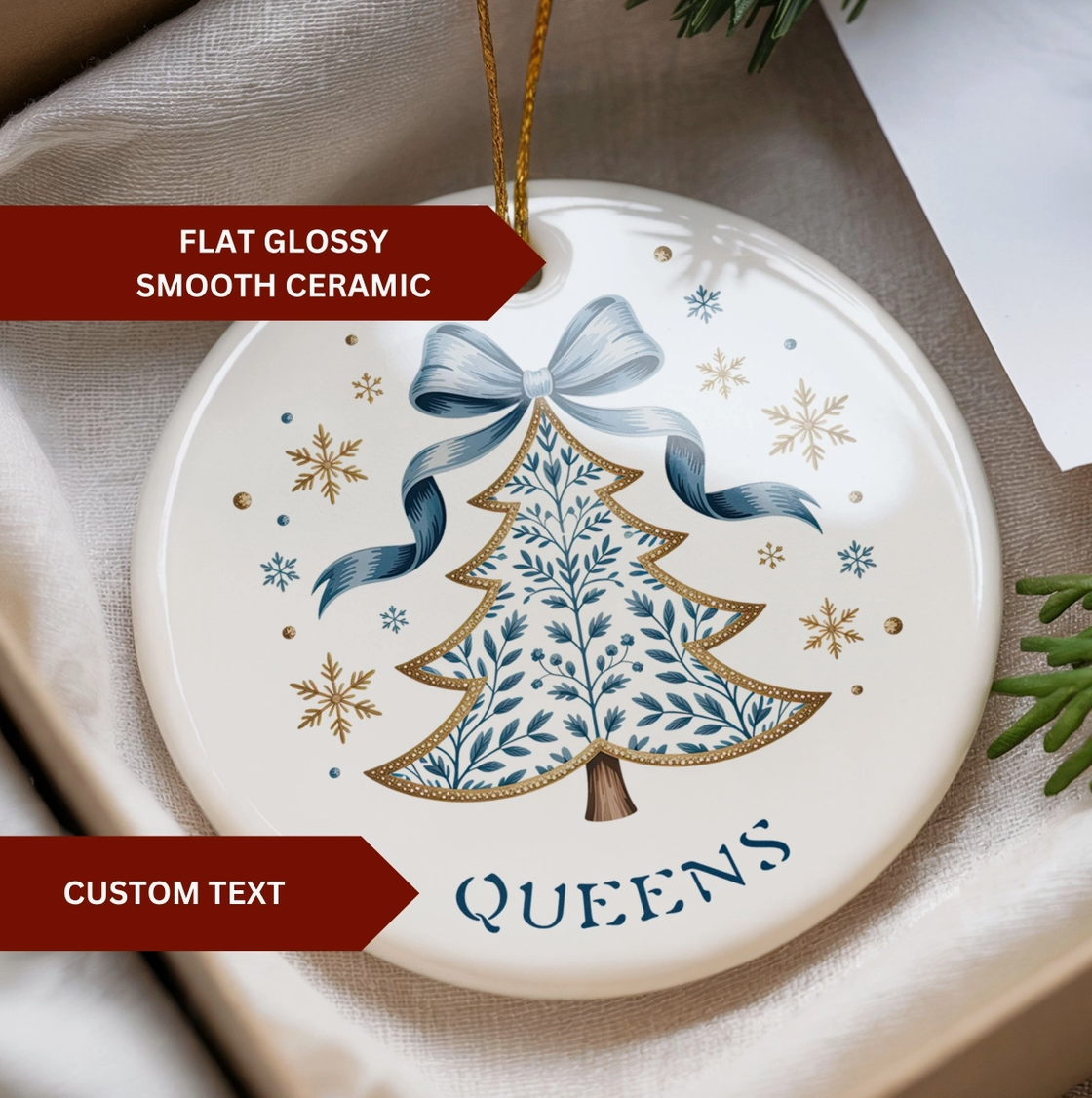 Coquette Bow Personalized Hometown Christmas Ornament