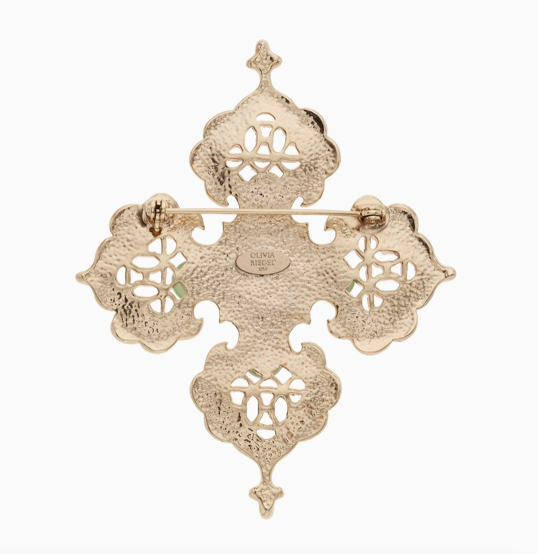 Back of Olivia Riegel Byzantine cross brooch with pin closure and USA hallmark