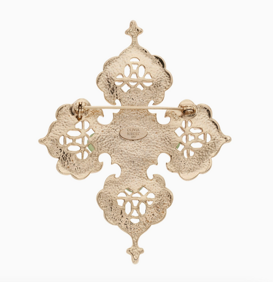 Back of Olivia Riegel Byzantine cross brooch with pin closure and USA hallmark