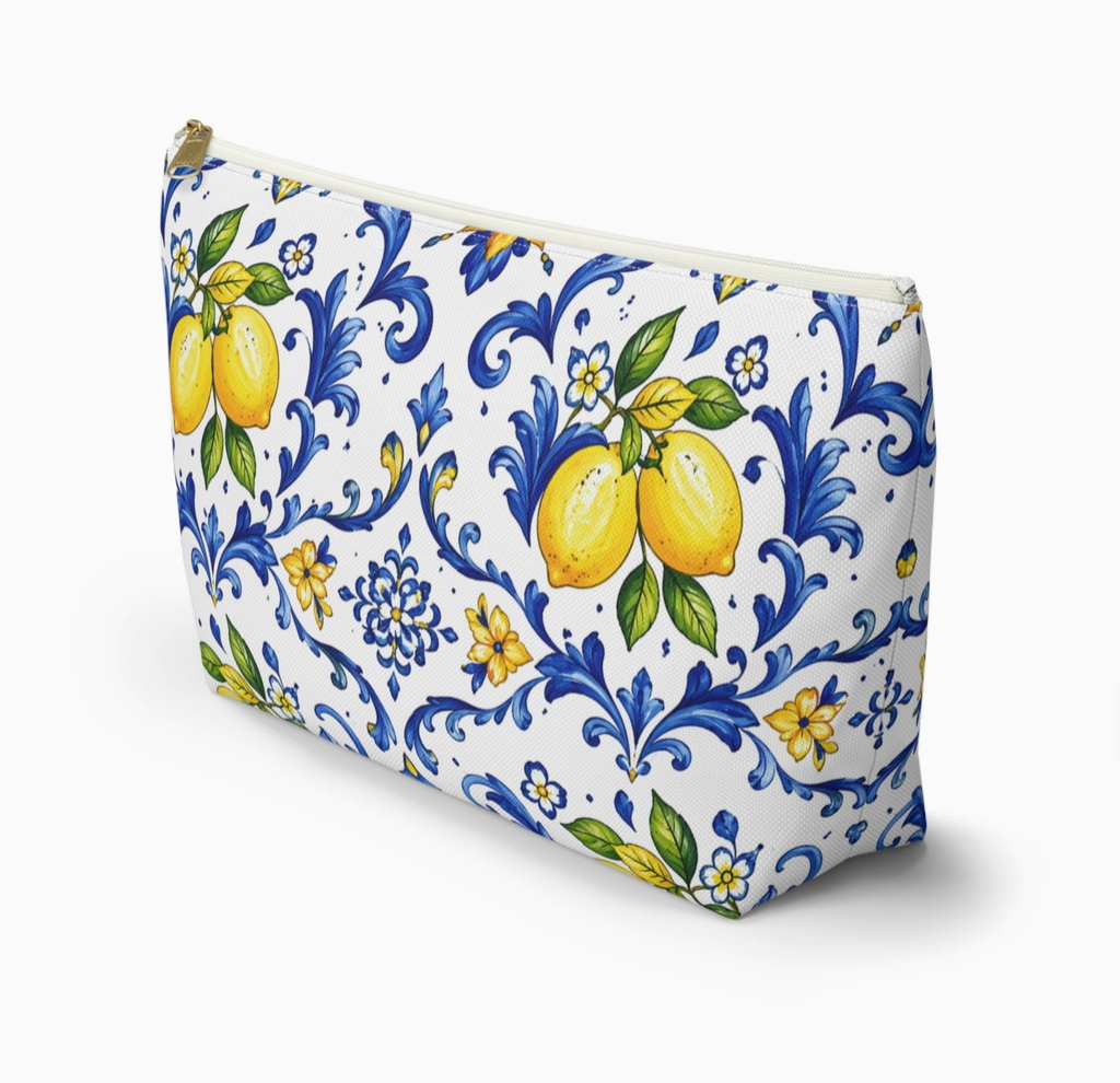 Amalfi Coast inspired lemon Italian tile cosmetic and travel pouch