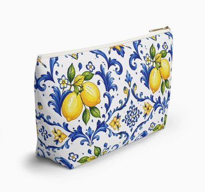 Italian lemon and cobalt blue Mediterranean accessory pouch angled view