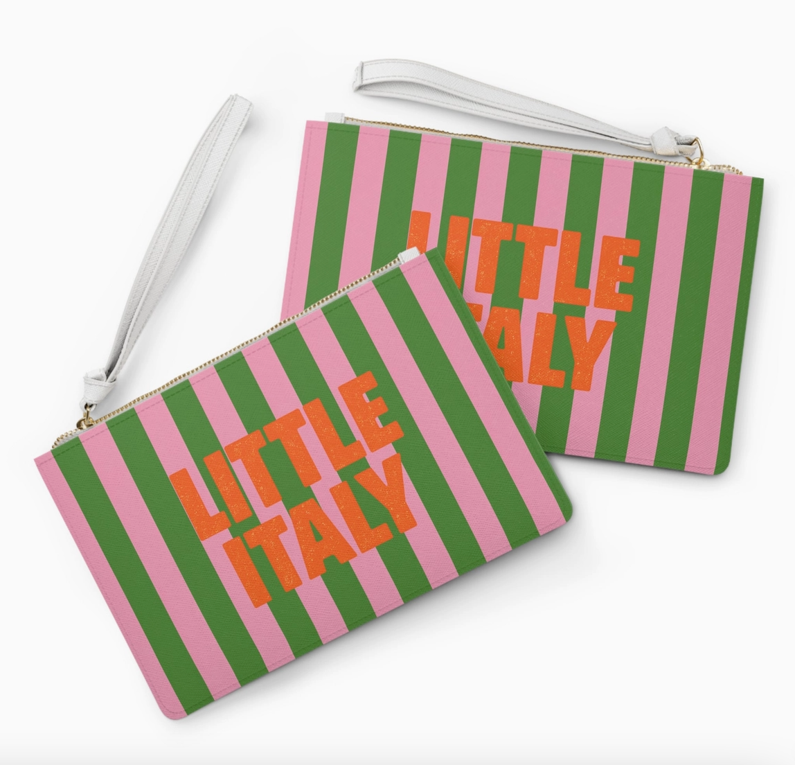Little Italy pink and green striped wristlet clutch bags