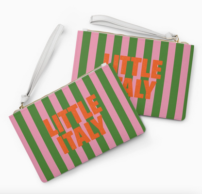 Little Italy pink and green striped wristlet clutch bags