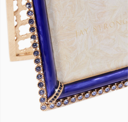 Close-up of Jay Strongwater Lucas Frame with Delft blue hand enamel and hand-set European crystals
