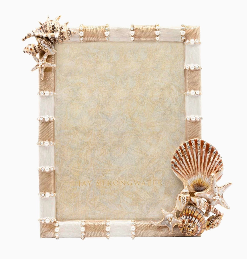 Jay Strongwater Dune Seashell 5x7 frame with hand-enameled seashells, 14K gold plating and crystal accents