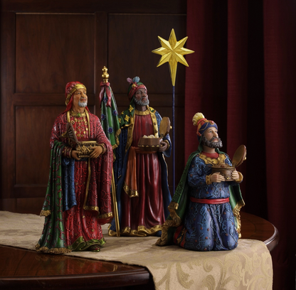 Three Kings Real Life Nativity displayed with rustic lighted manger stable