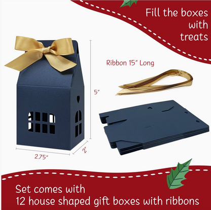 Navy house favor box with gold ribbon and cutout windows
