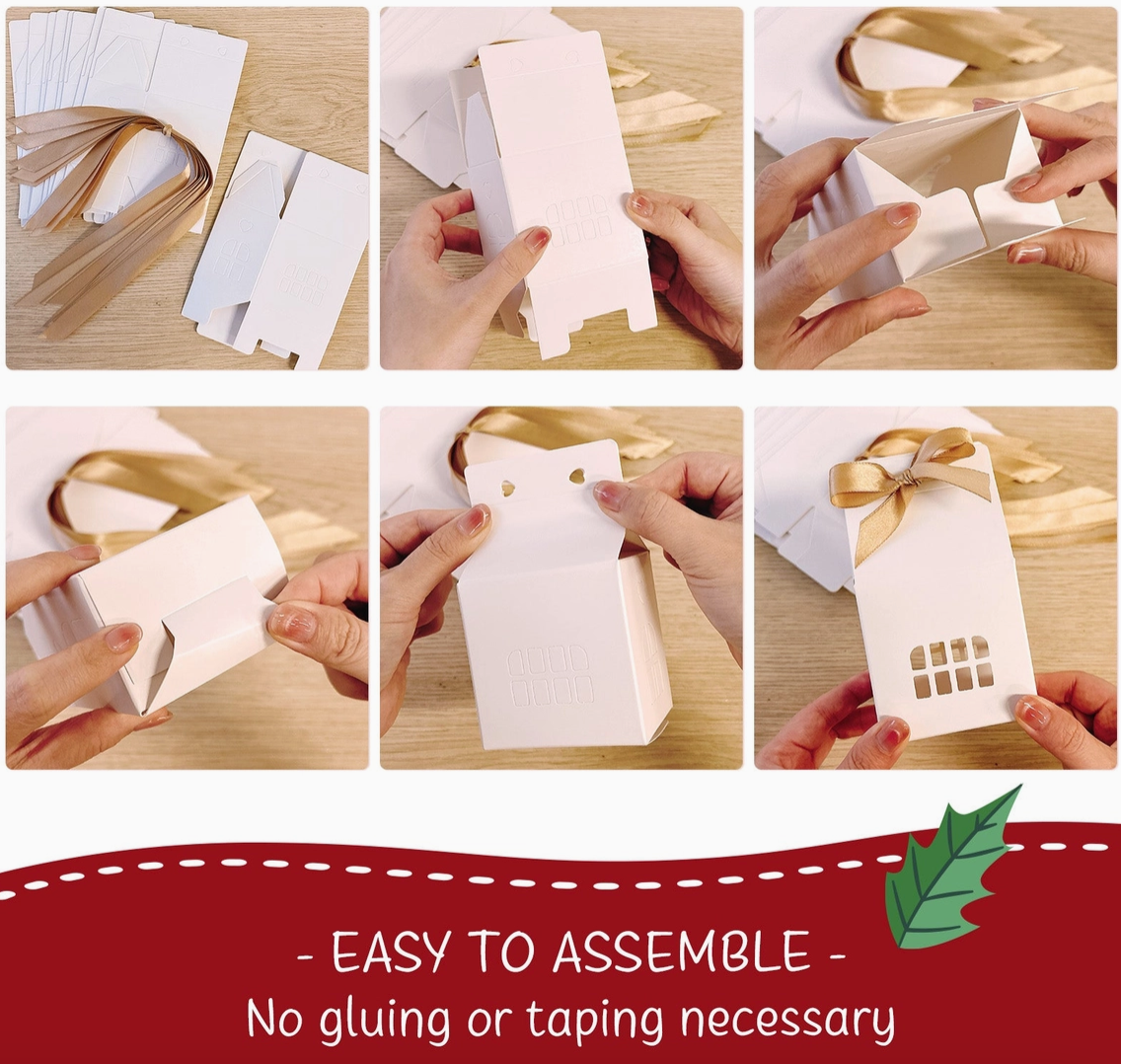 House shaped favor box assembly instructions with gold ribbon