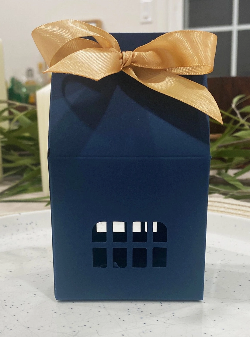 Navy House Shaped Favor & Gift Boxes with Gold Ribbon – Set of 24