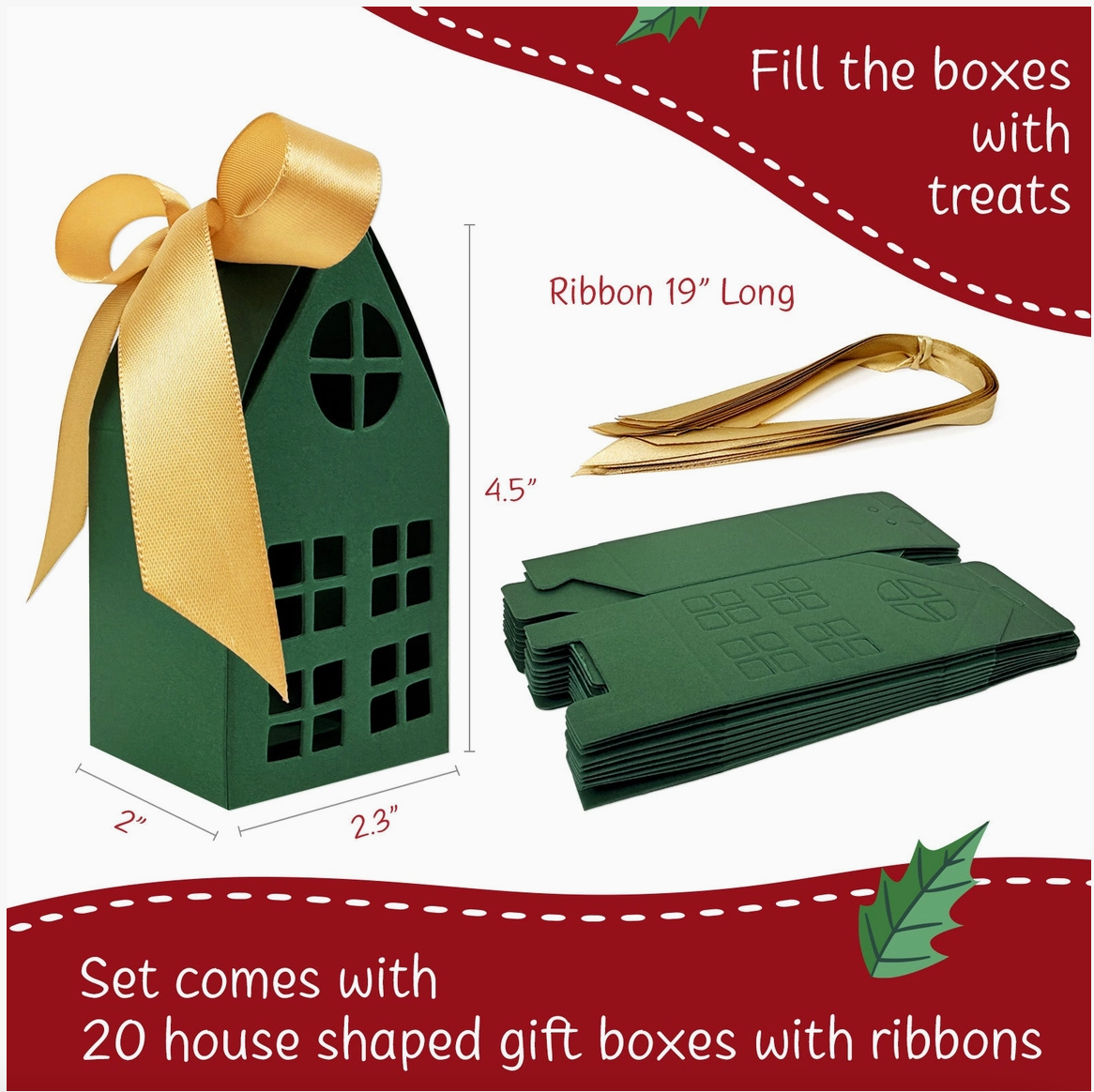 Green Christmas house favor box with gold ribbon and cutout windows