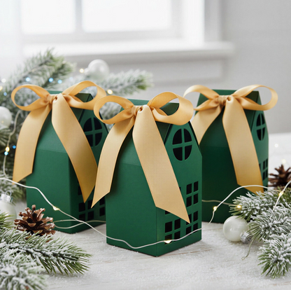 Green and gold house gift boxes arranged as festive Christmas village decor