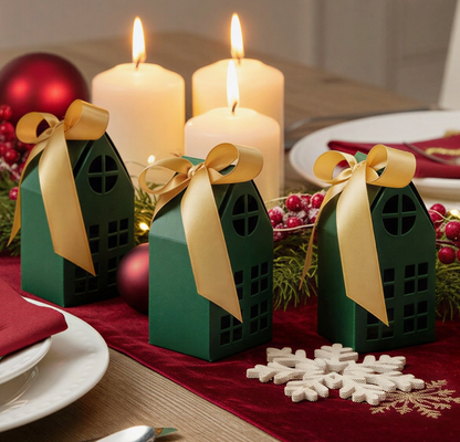 Festive Green Christmas House Gift & Favor Boxes with Gold Ribbon – Set of 20