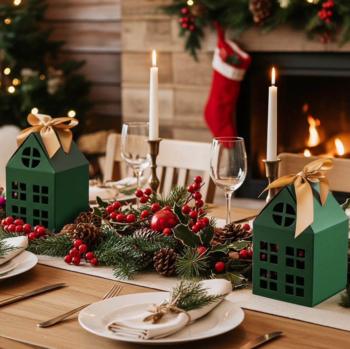 Festive Green Christmas House Gift & Favor Boxes with Gold Ribbon – Set of 20