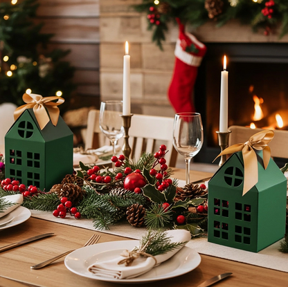 Festive Green Christmas House Gift & Favor Boxes with Gold Ribbon – Set of 20