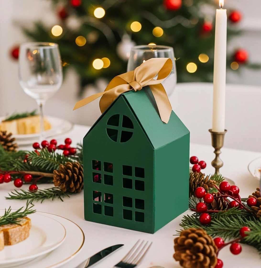 Festive Green Christmas House Gift & Favor Boxes with Gold Ribbon – Set of 20