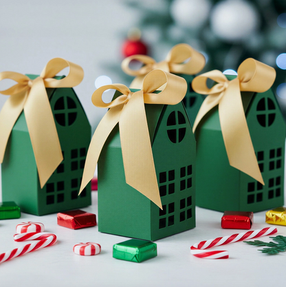Festive Green Christmas House Gift & Favor Boxes with Gold Ribbon – Set of 20