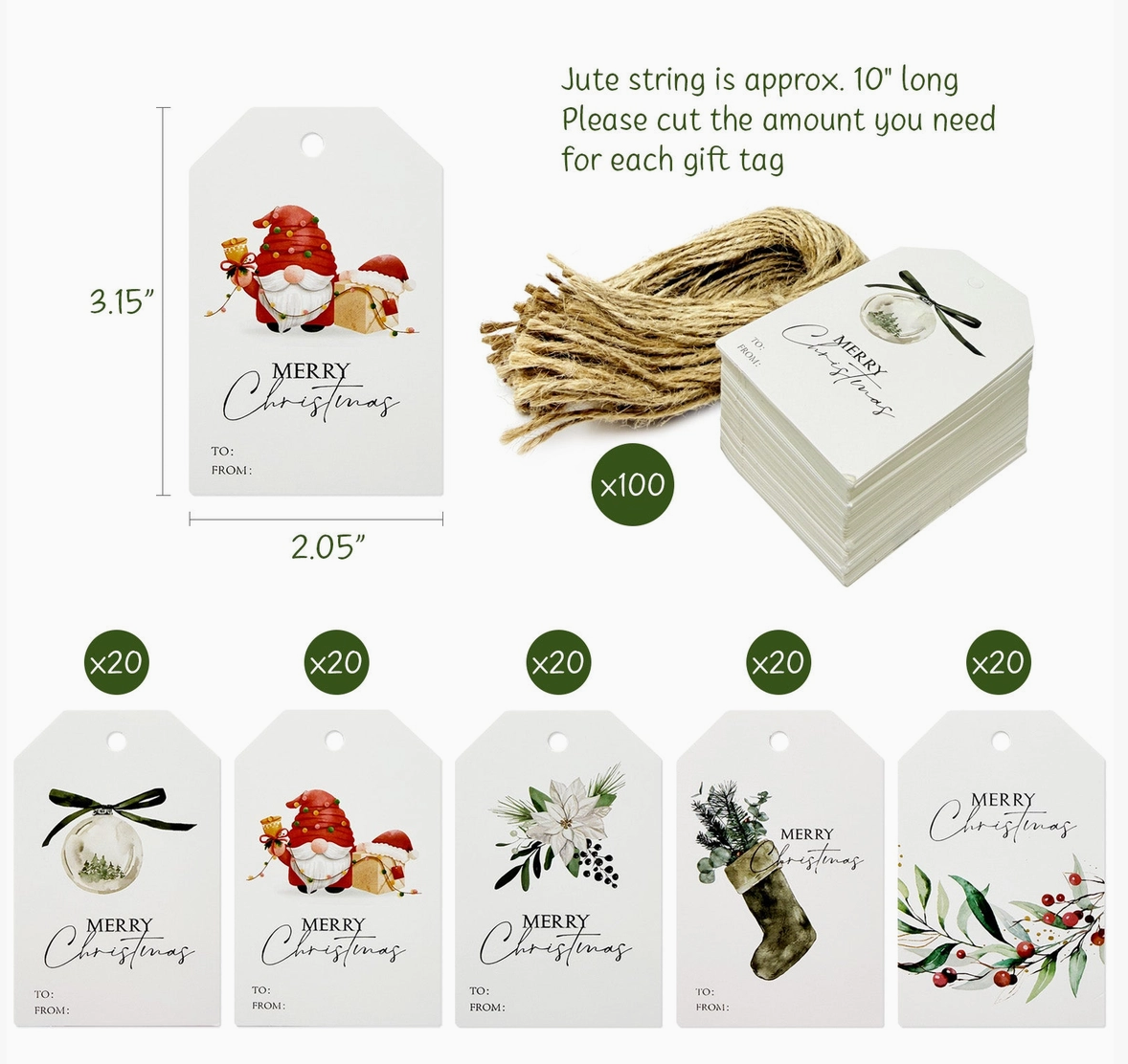 Merry Christmas Gift Tags with Jute String – 100 Pack, 5 Holiday Designs
