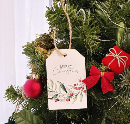 Merry Christmas Gift Tags with Jute String – 100 Pack, 5 Holiday Designs
