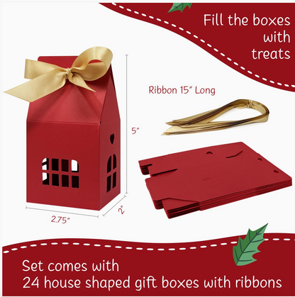 Red Christmas House Gift Boxes with Gold Ribbons – Set of 24