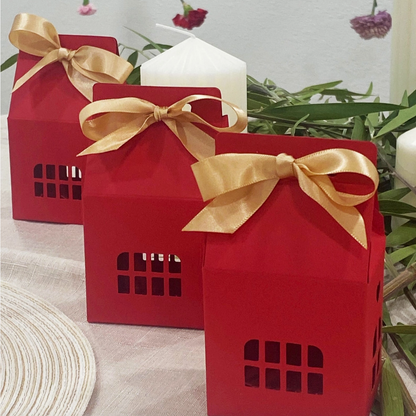 Red Christmas House Gift Boxes with Gold Ribbons – Set of 24