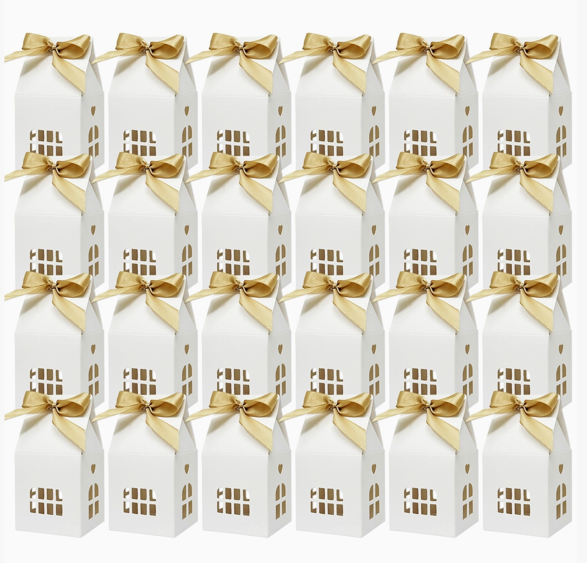 White House Shaped Gift Boxes with Gold Ribbons – Set of 24