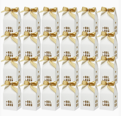 White House Shaped Gift Boxes with Gold Ribbons – Set of 24