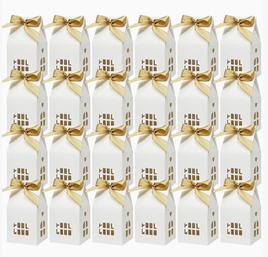 White House Shaped Gift Boxes with Gold Ribbons – Set of 24