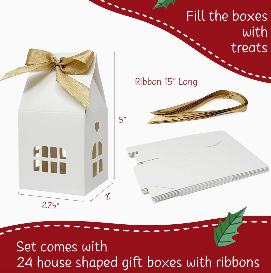 White House Shaped Gift Boxes with Gold Ribbons – Set of 24