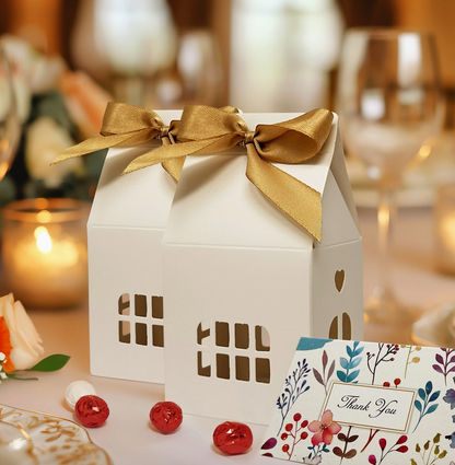 White House Shaped Gift Boxes with Gold Ribbons – Set of 24