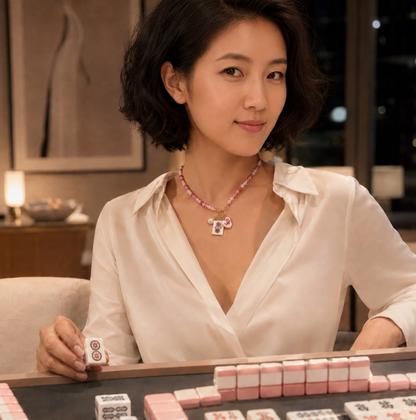 Woman wearing a colorful Mahjong Tile Charm Beaded Necklace while seated at a Mahjong table.
