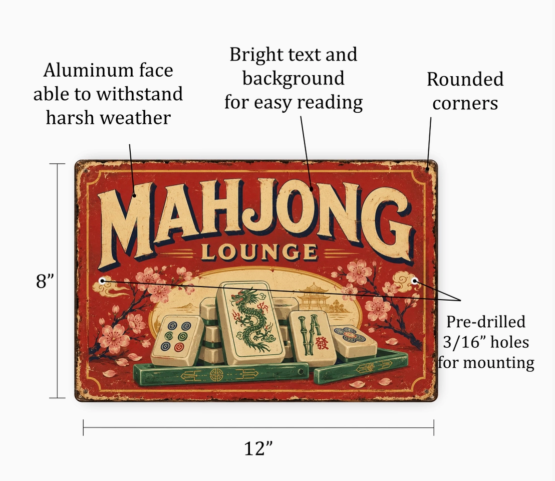 Vintage Mahjong Lounge Metal Sign – 8" x 12"