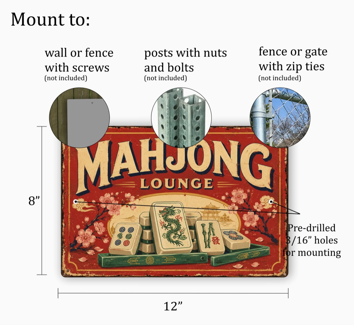 Vintage Mahjong Lounge Metal Sign – 8" x 12"
